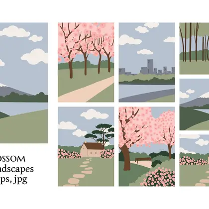 Vector illustrations with spring landscapes.