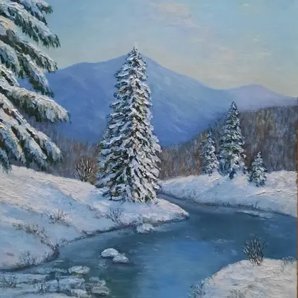 Winter nature with icy river original oil painting. Free delivery