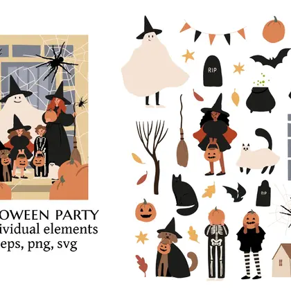 Halloween Illustration Set with Costumed Kids and Autumn Symbols
