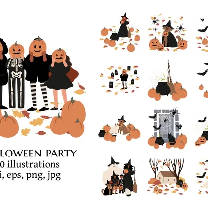 Halloween Illustration Set with Costumed Characters and Pets