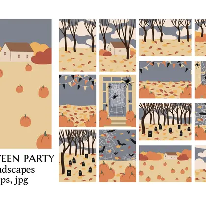 Halloween Scene Illustration Set with Spooky Landscapes