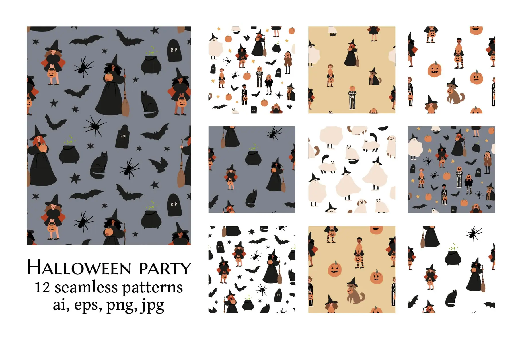 Halloween Seamless Pattern Collection with Costumed Characters 1 Halloween Seamless Pattern Collection with Costumed Characters