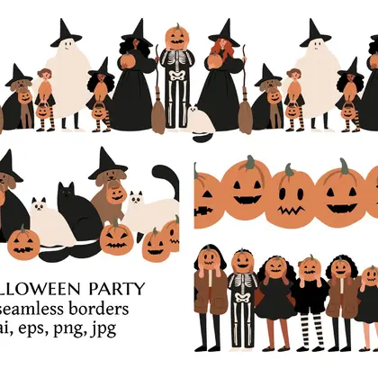 Halloween Border Collection with Costumed Characters and Pumpkins