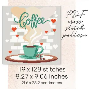 Cross Stitch Pattern Coffee Cup Easy Kitchen Cafe Home Room Decor