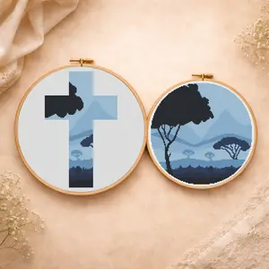 Night savannah landscape and cross stitch pattern PDF set