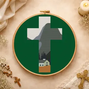 Scandinavian Religious Embroidery Landscape Cross Stitch Pattern with Christian Cross