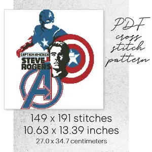 Cross Stitch Pattern Steve Rogers Captain America Marvel MCU Easy
