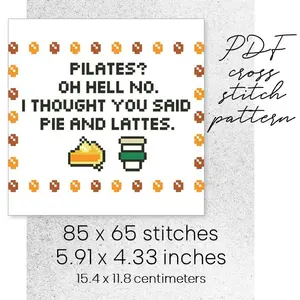 Cross Stitch Pattern Pilates Latte Pie Funny Quote Easy Decor