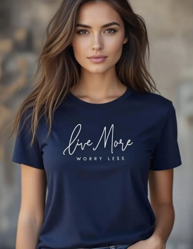 Live More Worry Less Navy Cotton Tee - Minimalist Graphic Shirt 2 Live More Worry Less Navy Cotton Tee - Minimalist Graphic Shirt - Image 2