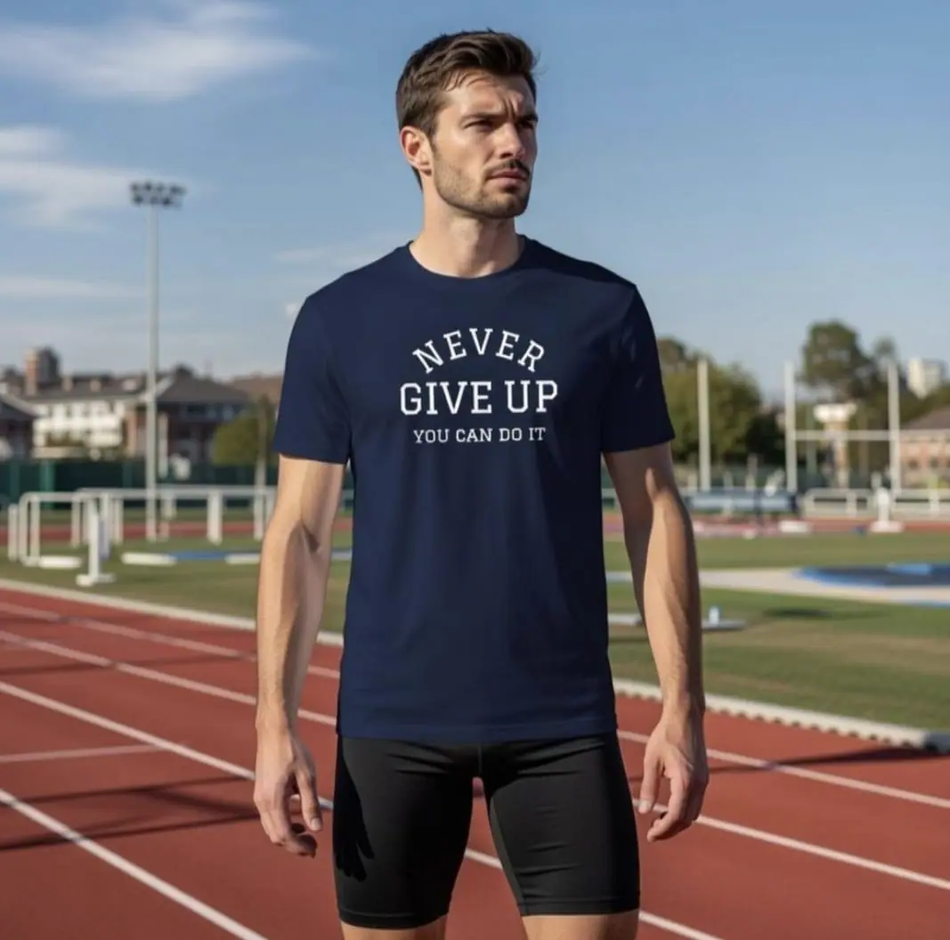 Never Give Up Navy Sports Tee - Inspirational Graphic T-Shirt 2 Never Give Up Navy Sports Tee - Inspirational Graphic T-Shirt - Image 2