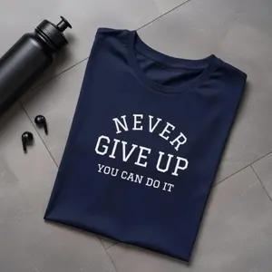Never Give Up Navy Sports Tee - Inspirational Graphic T-Shirt