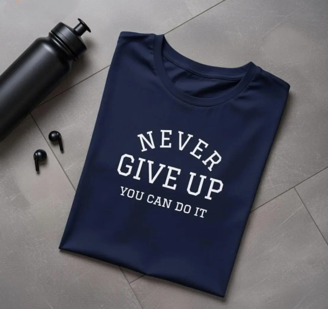 Never Give Up Navy Sports Tee - Inspirational Graphic T-Shirt 1 Never Give Up Navy Sports Tee - Inspirational Graphic T-Shirt