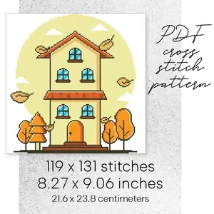 Cross Stitch Pattern Autumn House Fall Season Easy Home Decor DIY