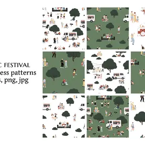 Set of Seamless Patterns with a Music Festival in the Park