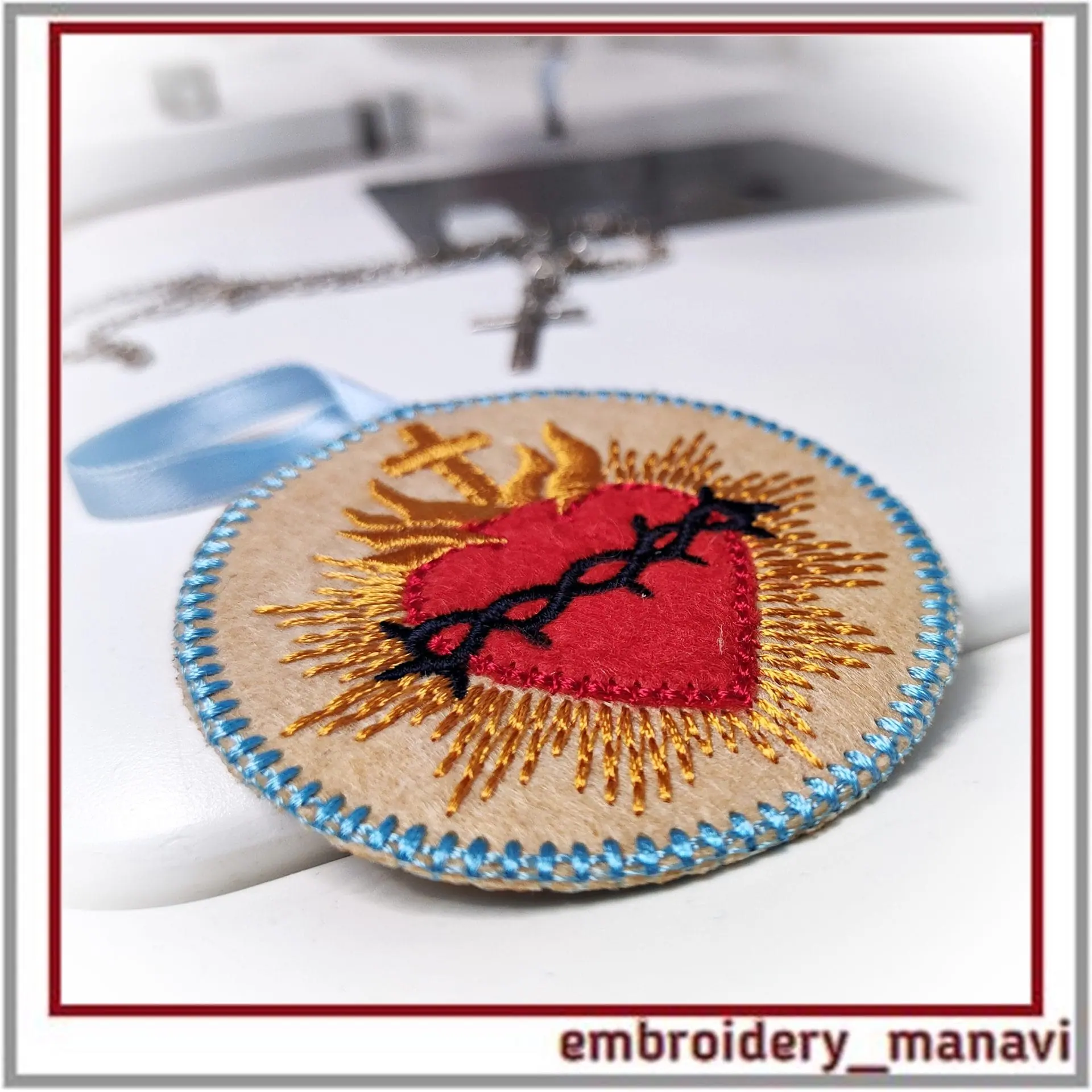 ITH felt embroidery Christian heart cross thorns rays flame - Image 7