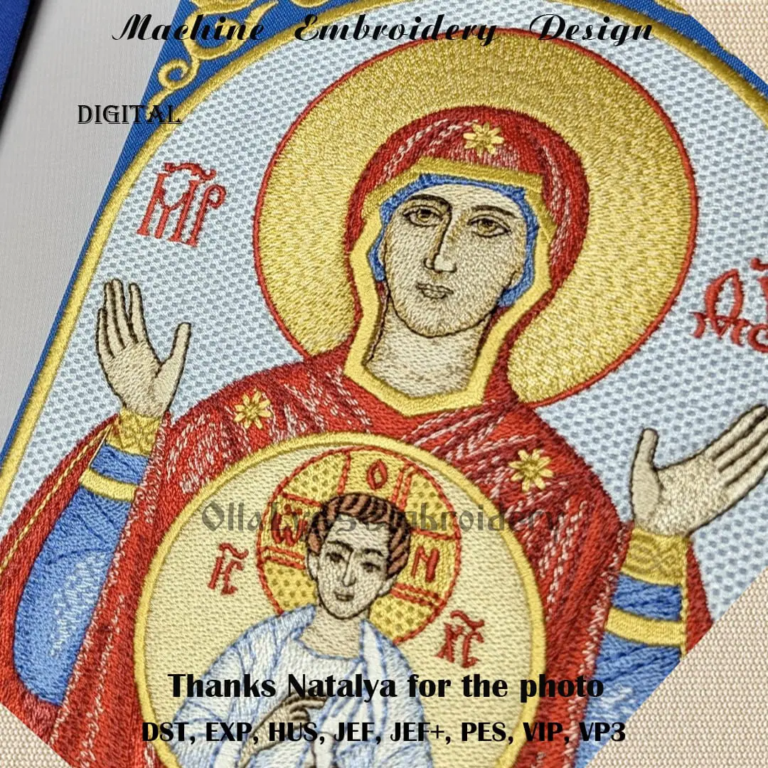 Our Lady of the Sign embroidery design 3 Embroidered icon of the Mother of God with the Christ child blessing the world.
