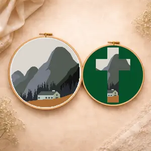 Scandinavian Religious Landscape Cross Stitch Pattern Set with Cross and Mountains