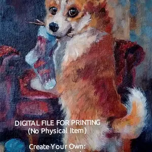 Grafic header for a digital download listing with a test overlay reads digital file for printing create your own card or mini art print the artwork beneath shows a corgi dog holding a stolen sock