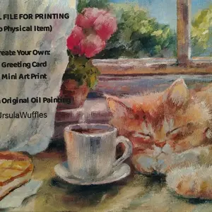 Grafic header for a digital download listing with a test overlay reads digital file for printing create your own card or mini art print the artwork beneath shows a ginger cat sleeping near cup and a cake