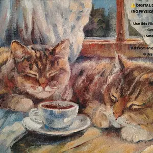 Grafic header for a digital download listing with a text overlay reads digital file for printing create your own card or mini art print the artwork beneath shows a two cats sleeping near cup