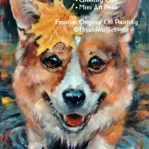 Grafic header for a digital download listing with a test overlay reads digital file for printing create your own card or mini art print the artwork beneath shows a smiling corgi splashing in a puddle with autumn leaves