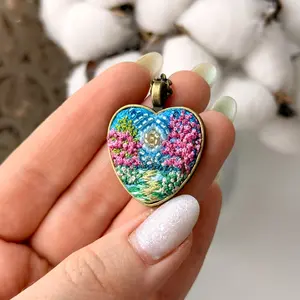 Blooming Heart #3, landscape embroidery pendant