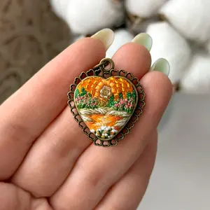 Blooming Heart #2, landscape embroidery pendant