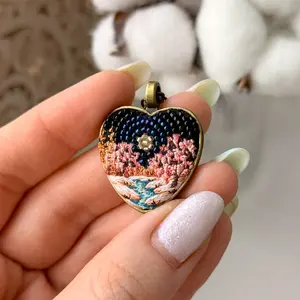 Blooming Heart #1, landscape embroidery pendant
