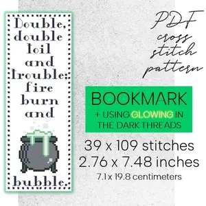 Cross Stitch Pattern Bookmark Halloween Cauldron Glowing Threads