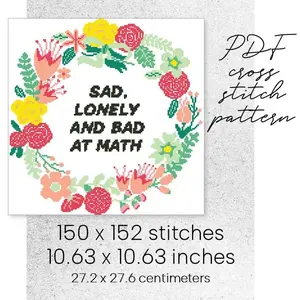 Cross Stitch Pattern Bad At Math Funny Quote Flower Wreath Easy