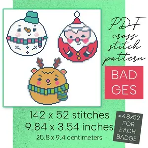 Cross Stitch Pattern Christmas Badges Santa Snowman Deer Xmas DIY