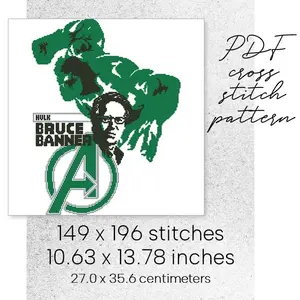 Cross Stitch Pattern Bruce Banner Hulk Marvel Avengers MCU Easy