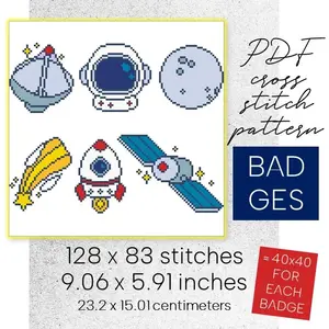 Cross Stitch Pattern Galaxy Badges Cosmic Rocket Easy Child DIY
