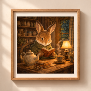 Woodland rabbit reading book illustration cozy cottagecore animal art forest storybook style printable wall art