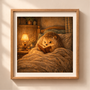 Woodland hedgehog reading illustration cozy cottagecore animal wall art printable woodland animal illustration