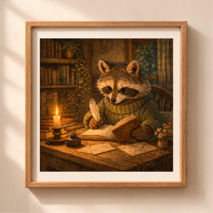Woodland raccoon writing illustration cozy cottagecore animal wall art printable woodland animal illustration