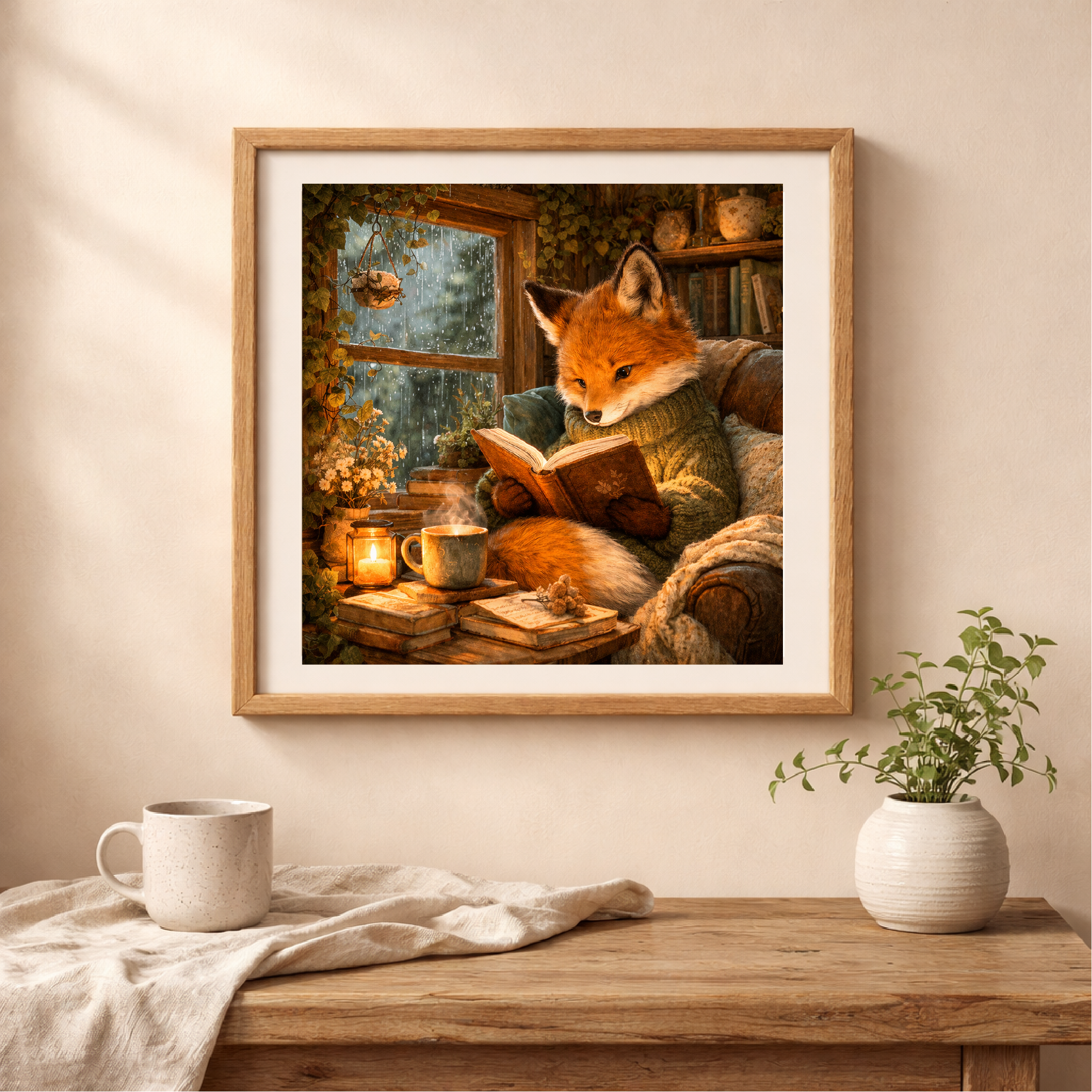 Woodland fox reading illustration framed cottagecore animal wall art in cozy home interior