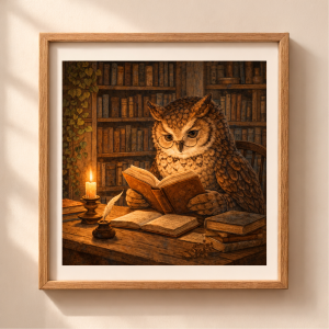 Woodland owl reading illustration cozy cottagecore animal printable wall art