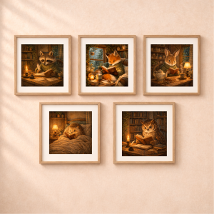 Woodland animal printable wall art set cottagecore gallery wall owl fox rabbit raccoon hedgehog