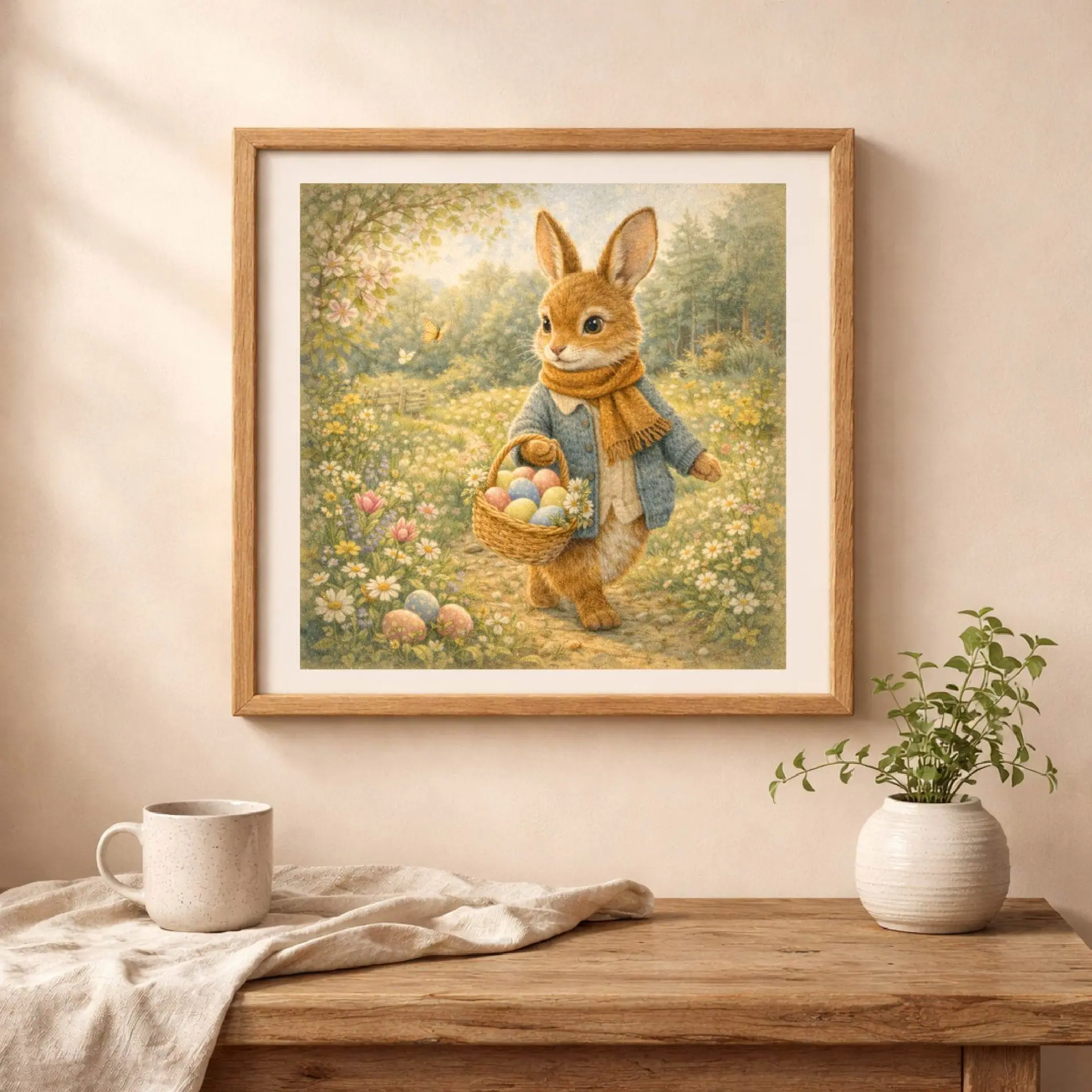 Easter bunny printable wall art cottagecore home decor framed rabbit illustration
