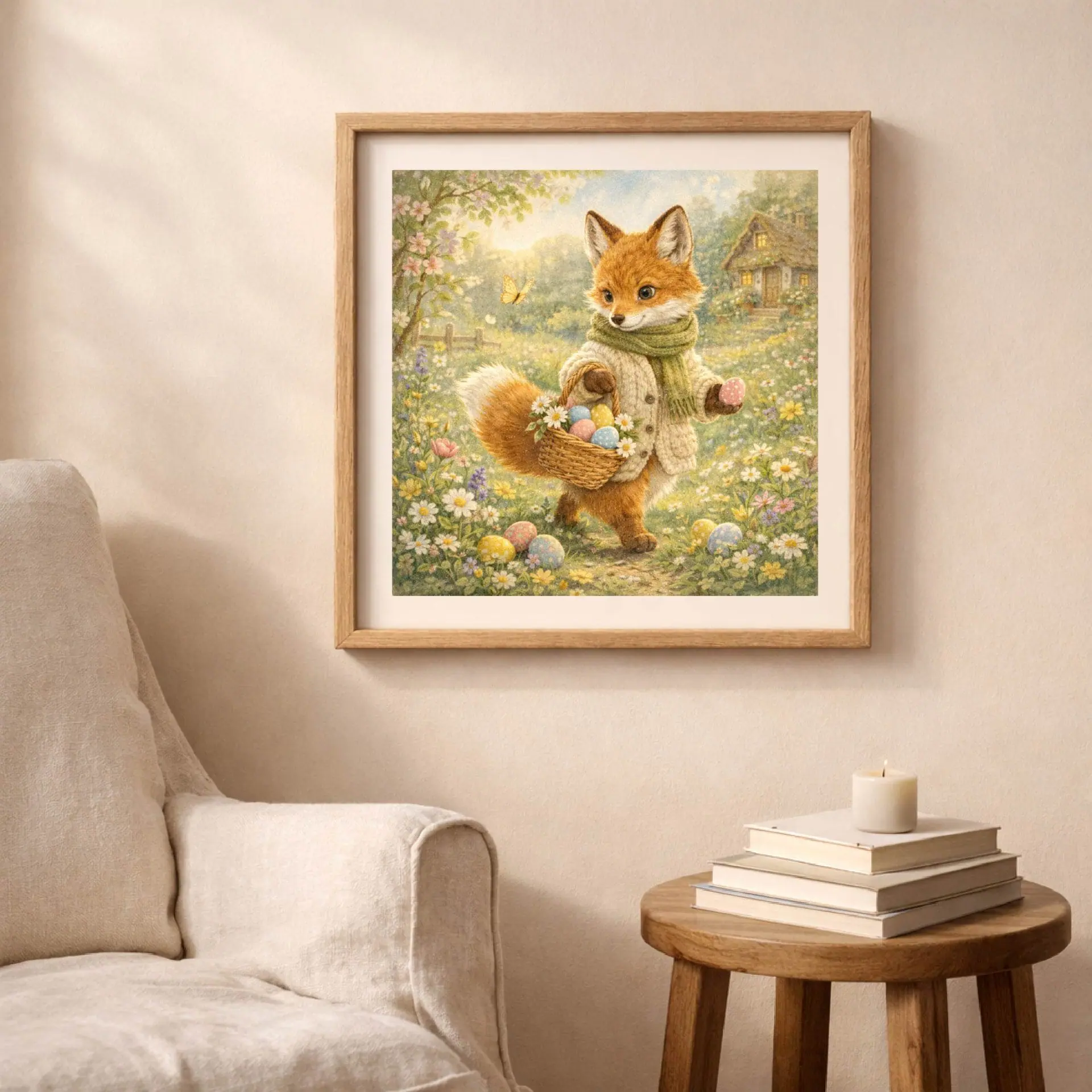 Easter fox printable wall art cottagecore room decor framed woodland fox illustration