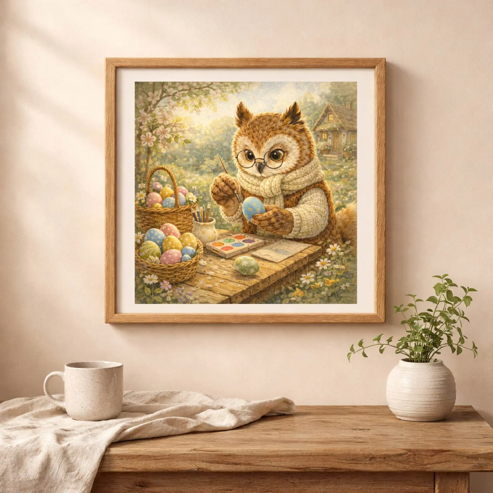 Easter owl printable wall art cottagecore home decor framed owl illustration