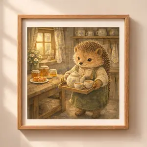 Hedgehog tea time printable wall art cottagecore woodland kitchen illustration