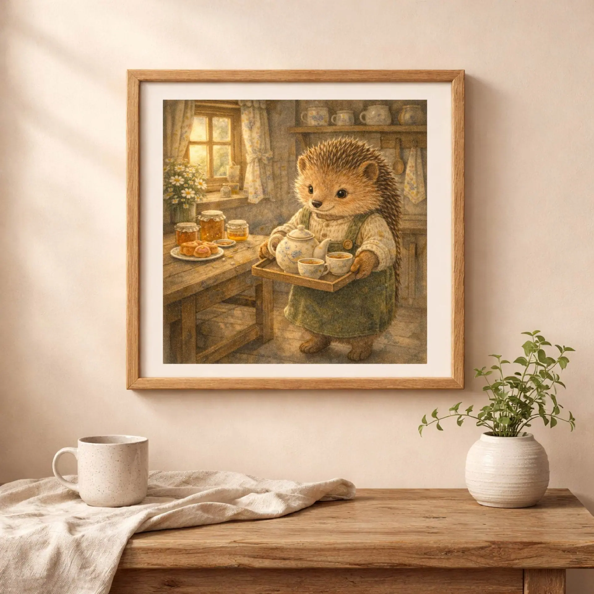 Hedgehog tea time wall art cottagecore kitchen decor mockup