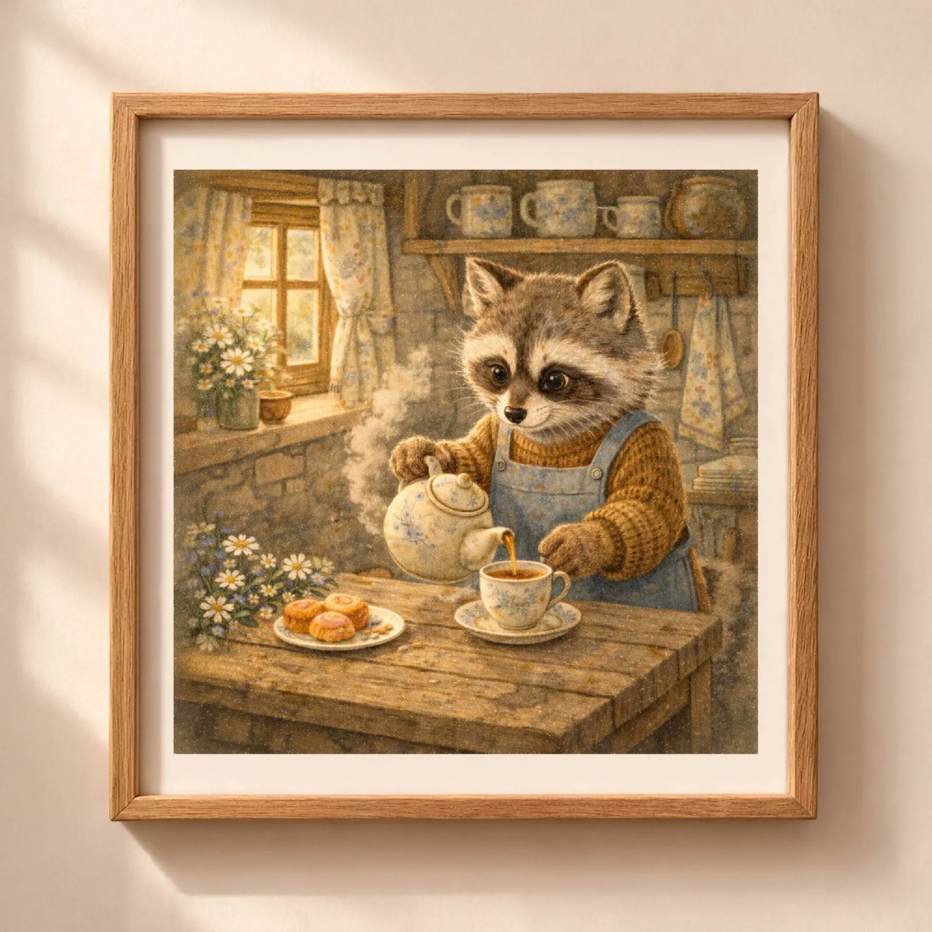 Raccoon tea time printable wall art cottagecore kitchen decor woodland animal illustration