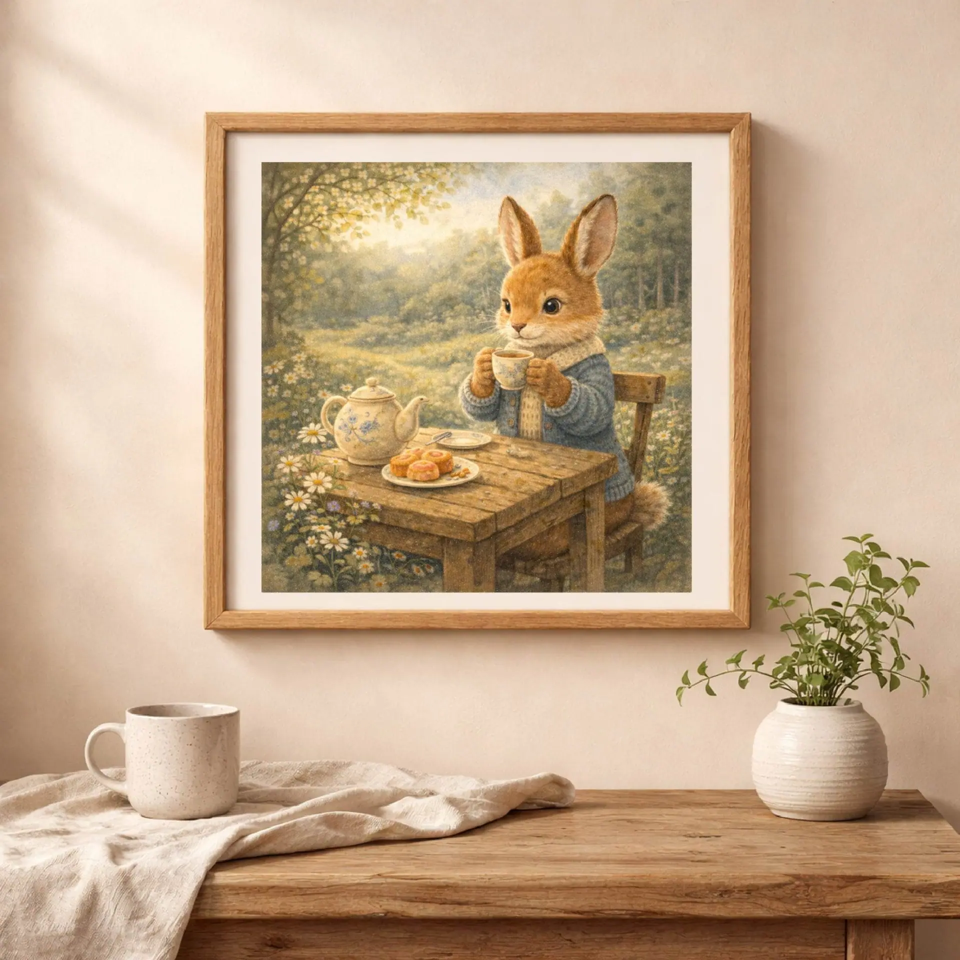 Bunny Tea Time Printable Wall Art in cozy cottagecore woodland illustration style.