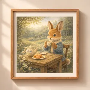 Bunny tea time printable wall art cottagecore woodland rabbit illustration