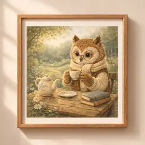 Owl tea time printable wall art cottagecore woodland animal illustration drinking tea in a meadow