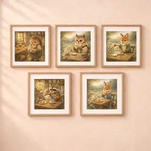 Woodland tea time printable wall art set cottagecore woodland animal illustrations fox owl bunny raccoon hedgehog gallery wall