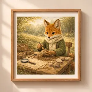 Fox archaeologist printable wall art woodland animal illustration studying artifacts at rustic table cottagecore decor
